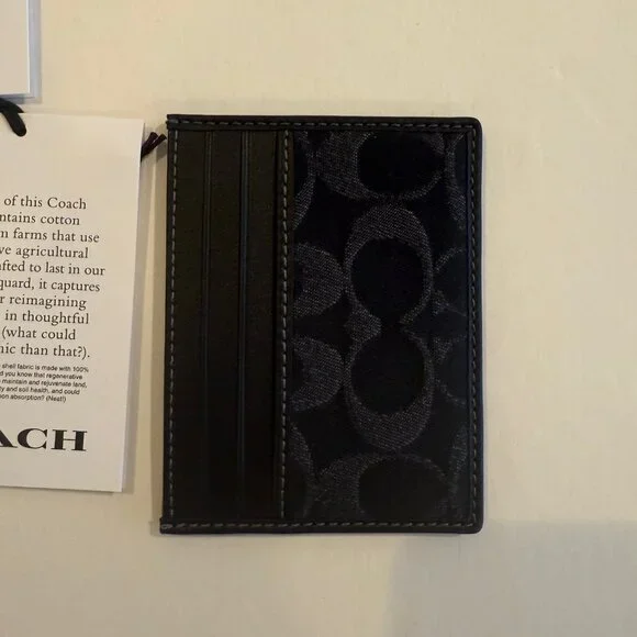 Coach Black Leather Signature C Denim SLIM ID Card Case Wallet CAJ47 - Picture 7 of 15